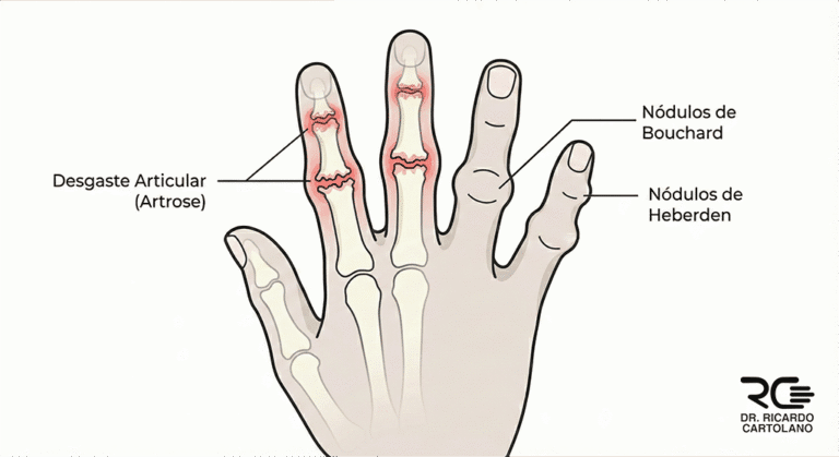 Ilustração médica da artrose das articulações dos dedos com nódulos de Heberden e Bouchard.
