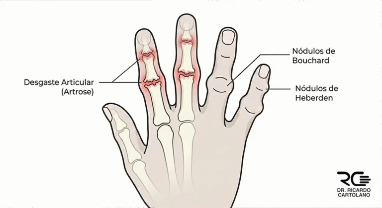 Ilustração médica da artrose das articulações dos dedos com nódulos de Heberden e Bouchard.