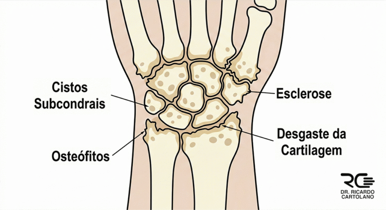 Ilustração de artrose do punho, mostrando desgaste, cistos e esclerose nos ossos do carpo, rádio e ulna.