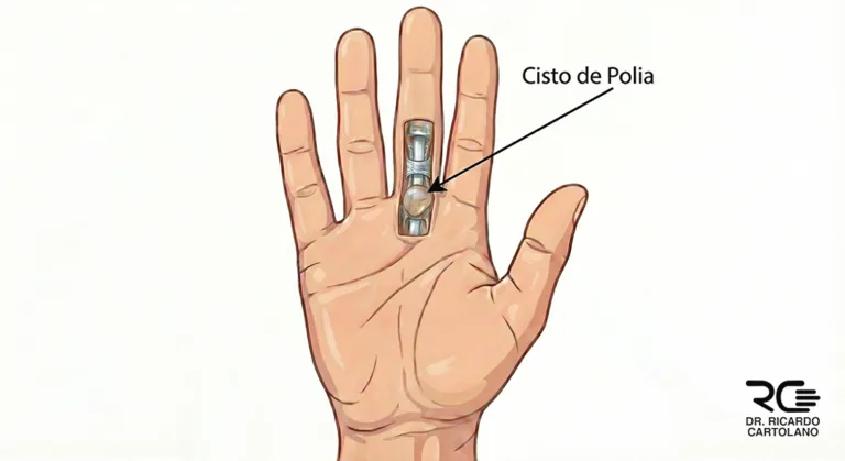 Ilustração médica da mão com destaque para cisto de polia, polia A1 e tendão flexor do 3º dedo.