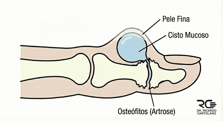 Ilustração médica de um Cisto Mucoso no dedo, mostrando sua origem na articulação com artrose e osteófitos.