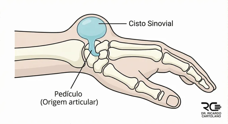 Ilustração esquemática do punho mostrando a localização e a conexão articular de um cisto sinovial.