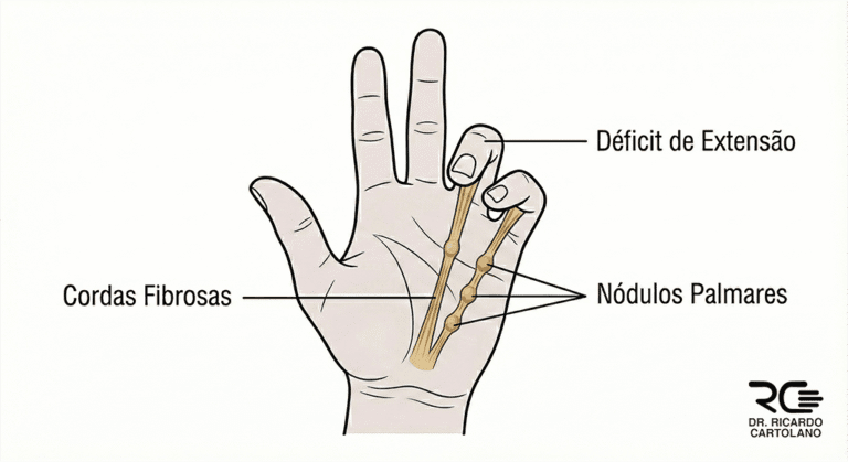 Ilustração médica dos sintomas da Contratura de Dupuytren na palma da mão.