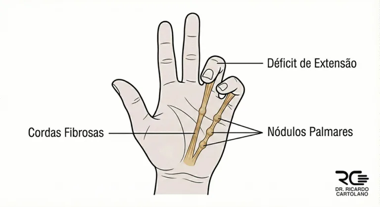 Ilustração médica dos sintomas da Contratura de Dupuytren na palma da mão.
