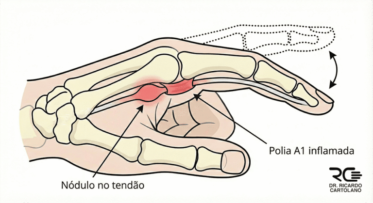 Ilustração da anatomia do Dedo em Gatilho: nódulo no tendão travando na polia A1 e impedindo a extensão.