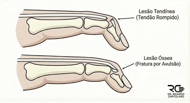 Ilustração comparativa de Dedo em Martelo: lesão tendínea vs fratura óssea por avulsão.