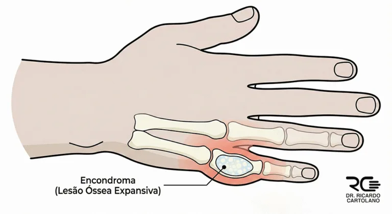 Ilustração médica de encondroma na mão, detalhando a lesão óssea expansiva no dedo e o inchaço local.