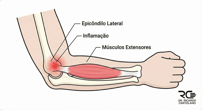 Ilustração médica da Epicondilite Lateral (cotovelo de tenista) mostrando a inflamação.