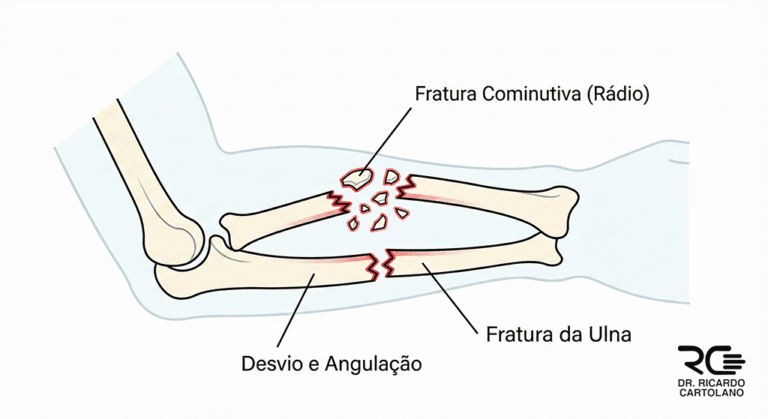 Ilustração de Fratura do Antebraço com desvio, mostrando fratura cominutiva do rádio e da ulna.