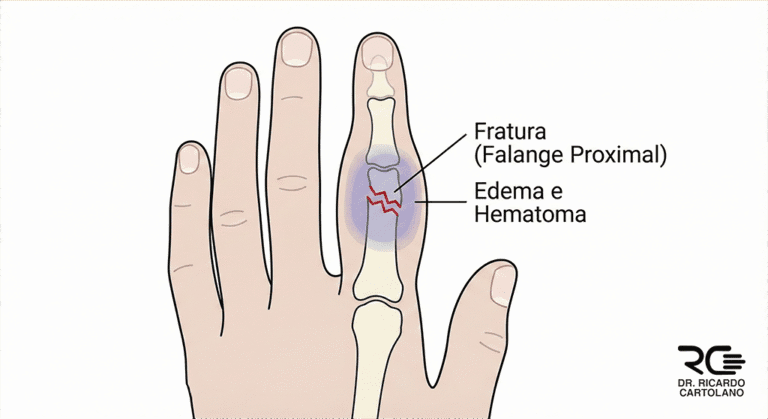 Ilustração de fratura do dedo com desvio ósseo, edema e hematoma na falange proximal.