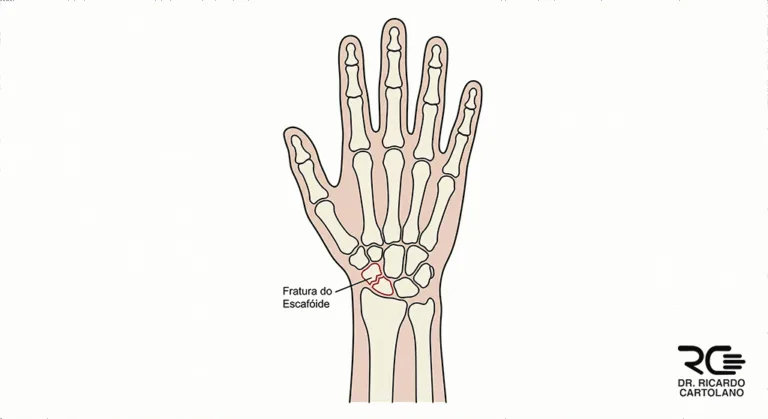 Ilustração médica esquemática de fratura do escafoide com desvio ósseo.
