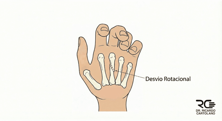 Ilustração de Fratura do Metacarpo com desvio rotacional e dedos cruzados na mão.