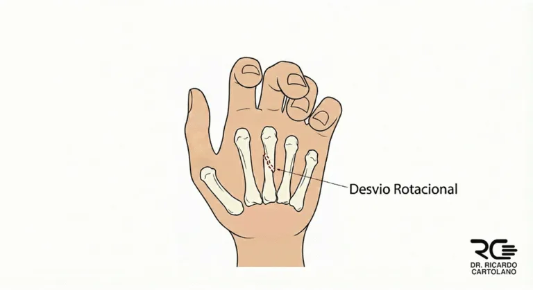 Ilustração de Fratura do Metacarpo com desvio rotacional e dedos cruzados na mão.