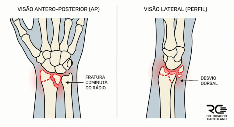 Ilustração médica de fratura da extremidade distal do rádio, visões AP e perfil, mostrando desvio e cominuição óssea.