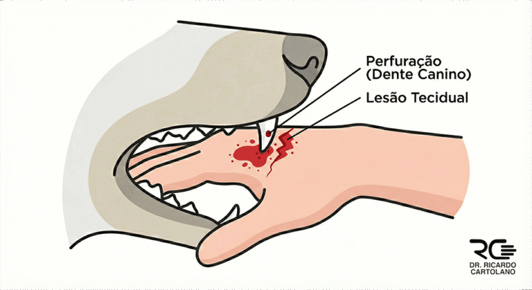 Ilustração médica de cão mordendo a mão, mostrando a perfuração e lesão tecidual que causam infecções por mordidas.