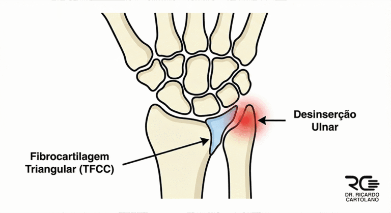Ilustração da Lesão da Fibrocartilagem Triangular (TFCC) no punho, destacando a desinserção ulnar.