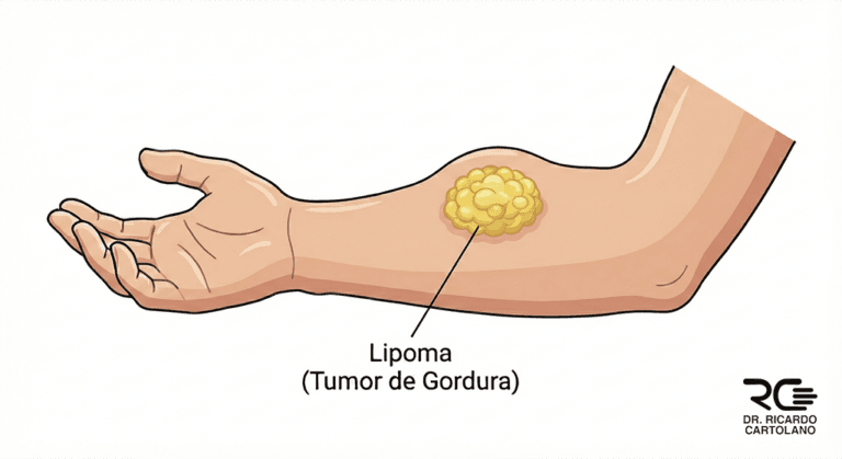 Ilustração médica esquemática mostrando um lipoma abaulando a região subcutânea do antebraço.
