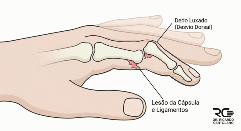 Ilustração médica esquemática de uma Luxação do Dedo indicador, destacando o desvio dorsal e a lesão ligamentar.