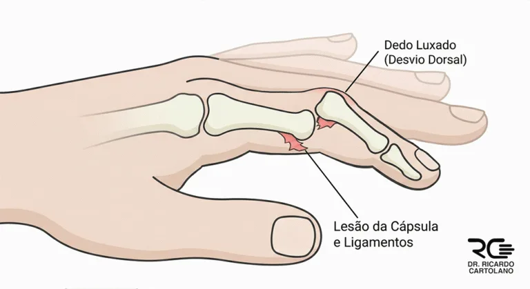 Ilustração médica esquemática de uma Luxação do Dedo indicador, destacando o desvio dorsal e a lesão ligamentar.
