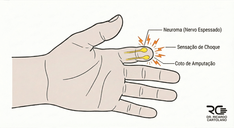 Ilustração de um Neuroma Traumático em coto de amputação, detalhando a anatomia do nervo doloroso.