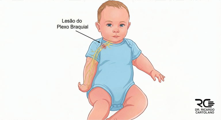 Ilustração de paralisia obstétrica (plexo braquial) em bebê, com braço em posição de Erb, destacando lesão nervosa.