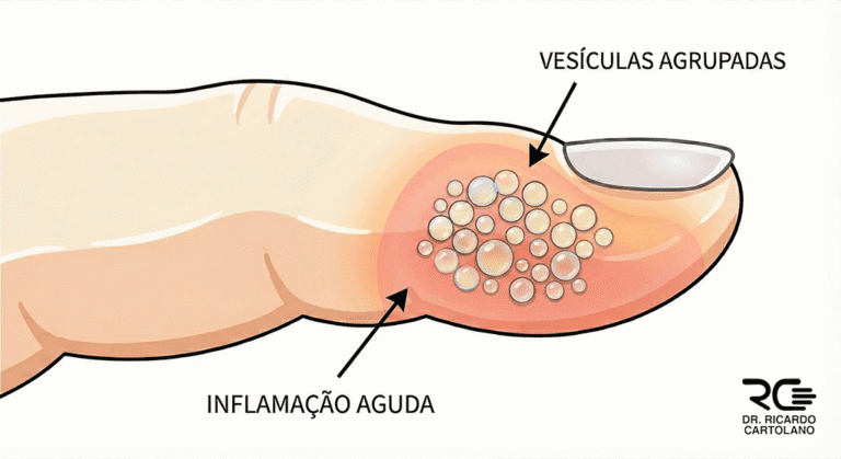 Ilustração médica de Panarício Herpético no dedo, destacando inflamação e vesículas agrupadas.