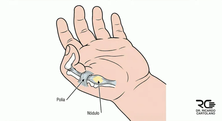 Ilustração médica do polegar em gatilho congênito infantil, detalhando o nódulo que trava o tendão flexor na polia A1.