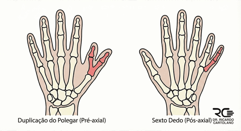 Ilustração médica dos tipos de polidactilia: pré-axial (duplicação do polegar) e pós-axial (sexto dedo).