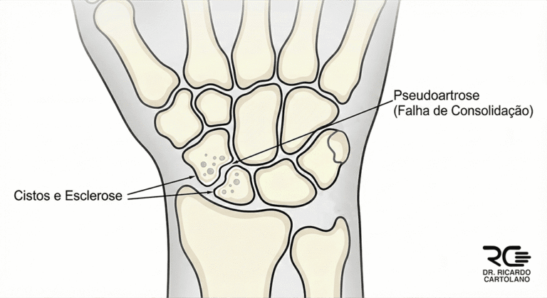 Ilustração médica da Pseudoartrose do Escafoide, detalhando esclerose, cistos e falha de consolidação.