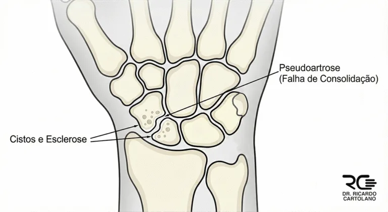 Ilustração médica da Pseudoartrose do Escafoide, detalhando esclerose, cistos e falha de consolidação.