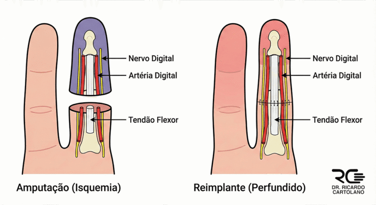 Ilustração de Reimplante de Dedo, detalhando reparo de nervos, artérias e tendão com microcirurgia.