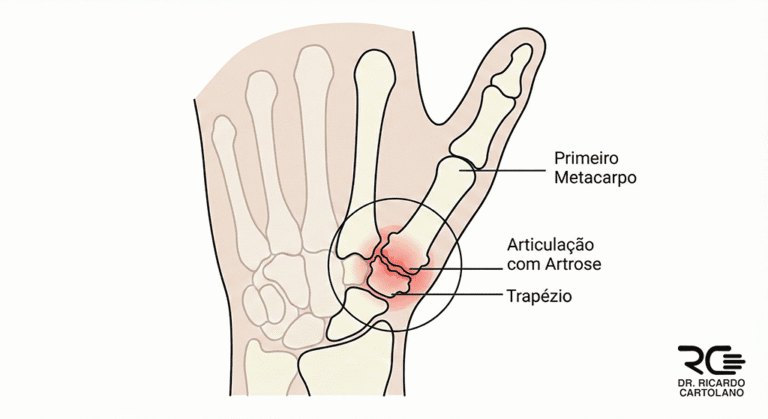 Ilustração médica da anatomia da mão destacando a articulação da base do polegar afetada pela rizartrose.