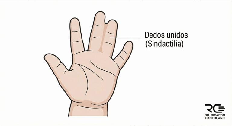 Ilustração médica demonstrando dedos unidos na mão, condição chamada sindactilia.