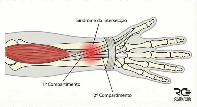 Ilustração da Síndrome da Intersecção no cruzamento do primeiro com segundo compartimento extensor.