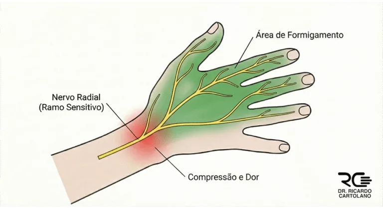 Ilustração médica da Síndrome de Wartenberg, destacando a compressão do nervo radial e área sensitiva.
