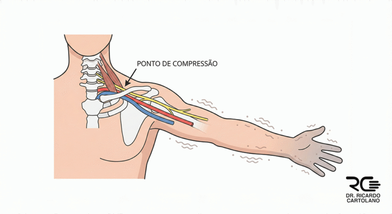 Ilustração médica da Síndrome do Desfiladeiro Torácico, mostrando compressão neurovascular no pescoço e sintomas no braço.