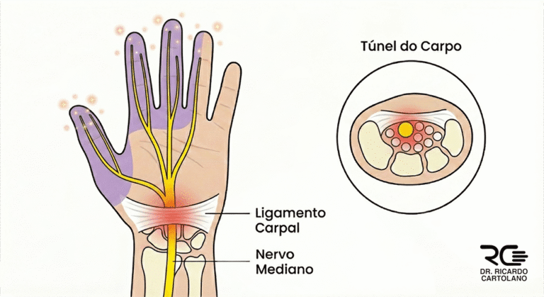Ilustração médica da Síndrome do Túnel do Carpo, mostrando a compressão do nervo mediano e a área dos sintomas na mão.