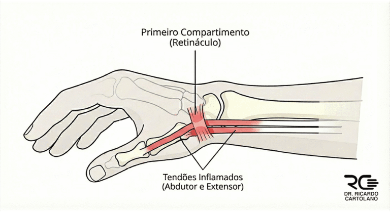 Ilustração médica da anatomia da Tenossinovite de De Quervain: tendões do polegar inflamados com tendinite.