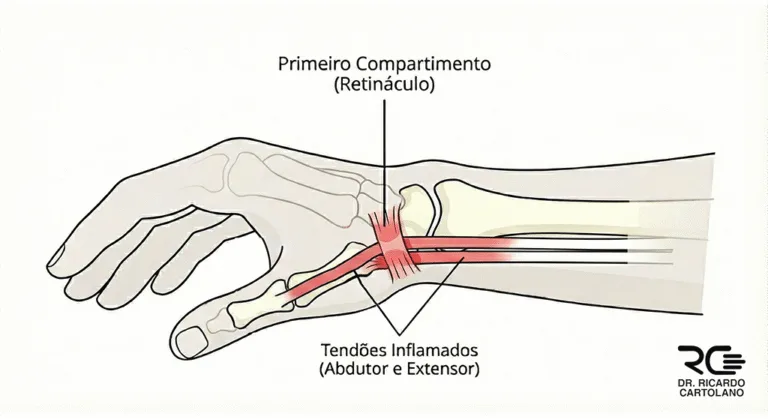 Ilustração médica da anatomia da Tenossinovite de De Quervain: tendões do polegar inflamados com tendinite.