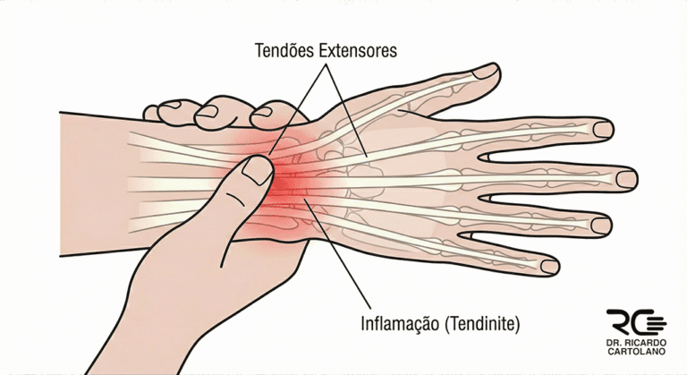 Ilustração sobre Tendinites das mãos e punhos, mostrando a anatomia dos tendões extensores inflamados.