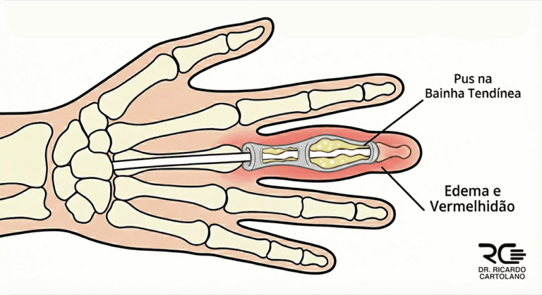 Ilustração médica da Tenossinovite Infecciosa, evidenciando pus na bainha tendínea e edema no dedo.