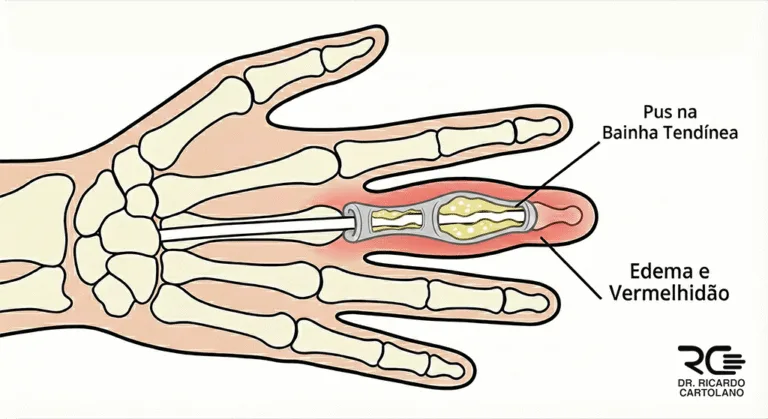 Ilustração médica da Tenossinovite Infecciosa, evidenciando pus na bainha tendínea e edema no dedo.