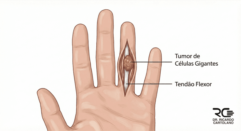 Representação esquemática do Tumor de Células Gigantes da Bainha Tendínea no tendão flexor do dedo.