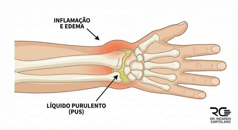 Ilustração médica de artrite séptica no punho, destacando inflamação e acúmulo de pus intra-articular.