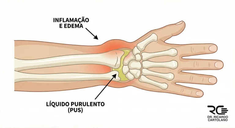 Ilustração médica de artrite séptica no punho, destacando inflamação e acúmulo de pus intra-articular.