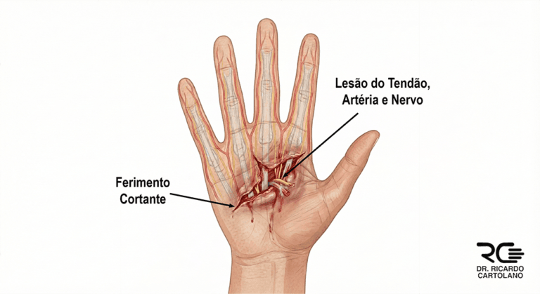 Ilustração médica de uma mão com corte profundo na palma, mostrando lesão de tendões, nervos e artérias.
