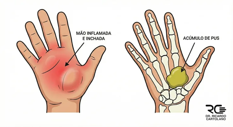 Flegmão da Mão: detalhe visual da inflamação e da estrutura interna com pus.