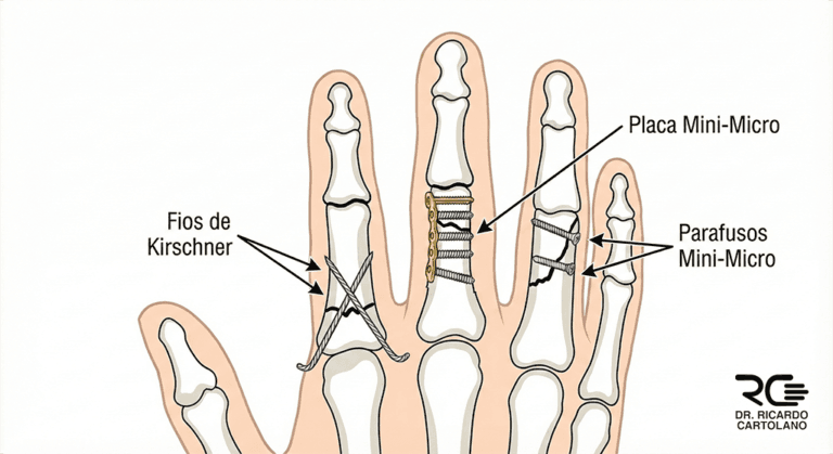 Tratamento cirúrgico de Fratura de Falange com fios de Kirschner, placas e parafusos mini-micro.