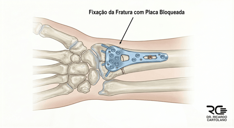 Tratamento cirúrgico de Fratura do Rádio utilizando placa bloqueada e parafusos.