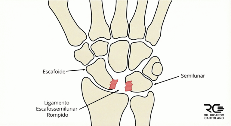 Ilustração médica da lesão do ligamento escafossemilunar, mostrando ruptura e diástase no punho.